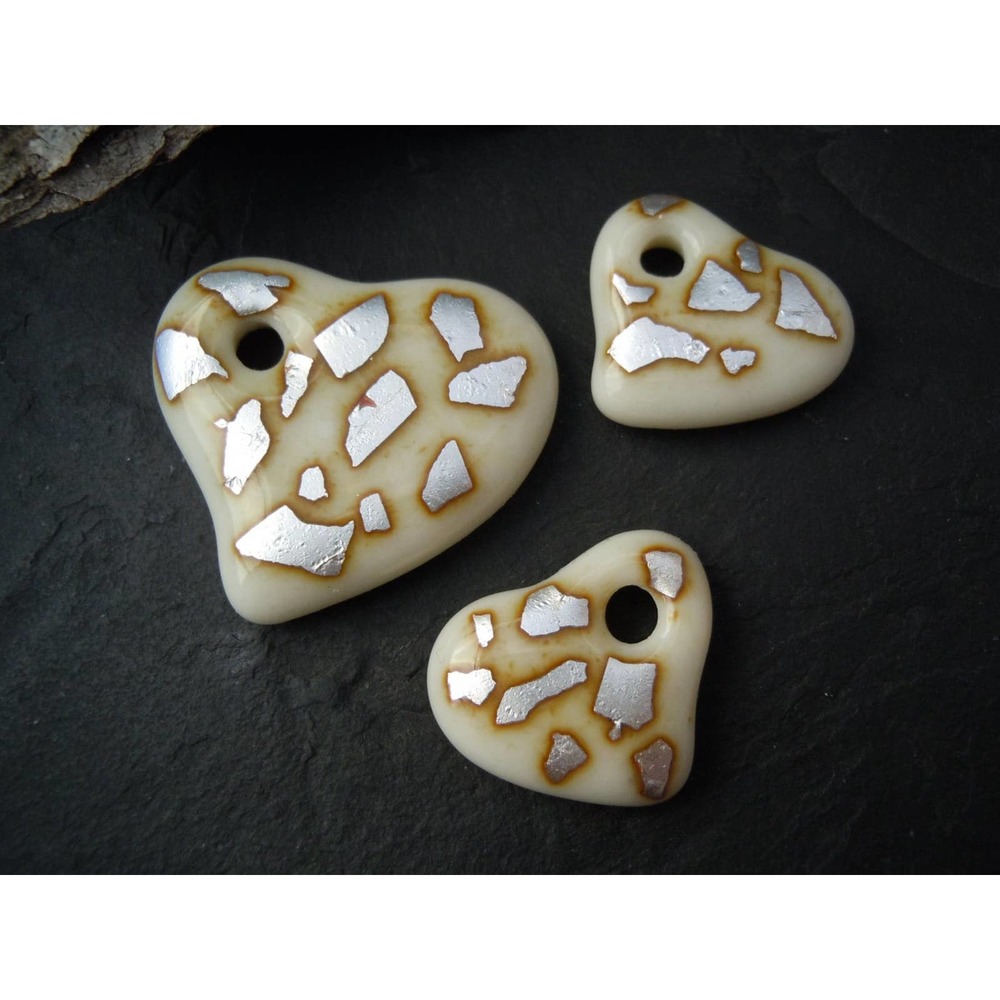 Vanilla n Fine Silver Cast Glass Hearts Pendant Bead Set Handmade Jewelry Supply